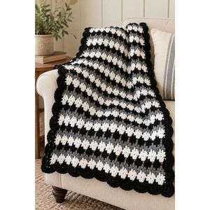 Handmade Crochet Afghan Throw Blanket Black Gray White  224